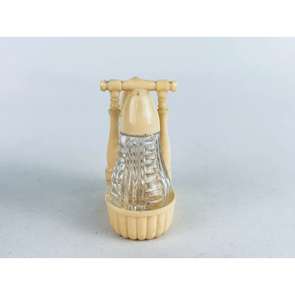 Vintage White/Cream LAPIN Glass Salt & Pepper w/ Plastic Basket Holder Retro MCM
